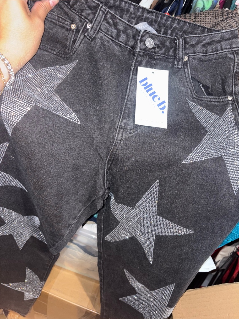 High-Rise Black Star-Embellished Jeans by Blue B size small stretchy